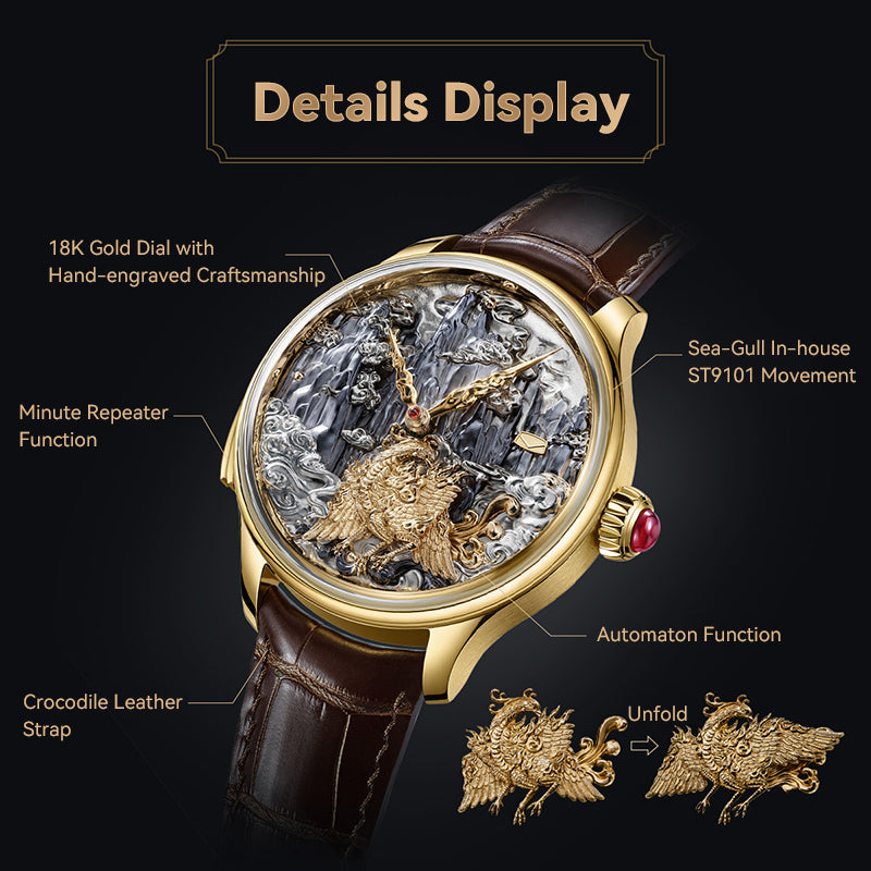 Tourbillon | Three-Legged Golden Crow | Minute Repeater | Gold-Carved | Automaton | 46mm  | LEVEL 06