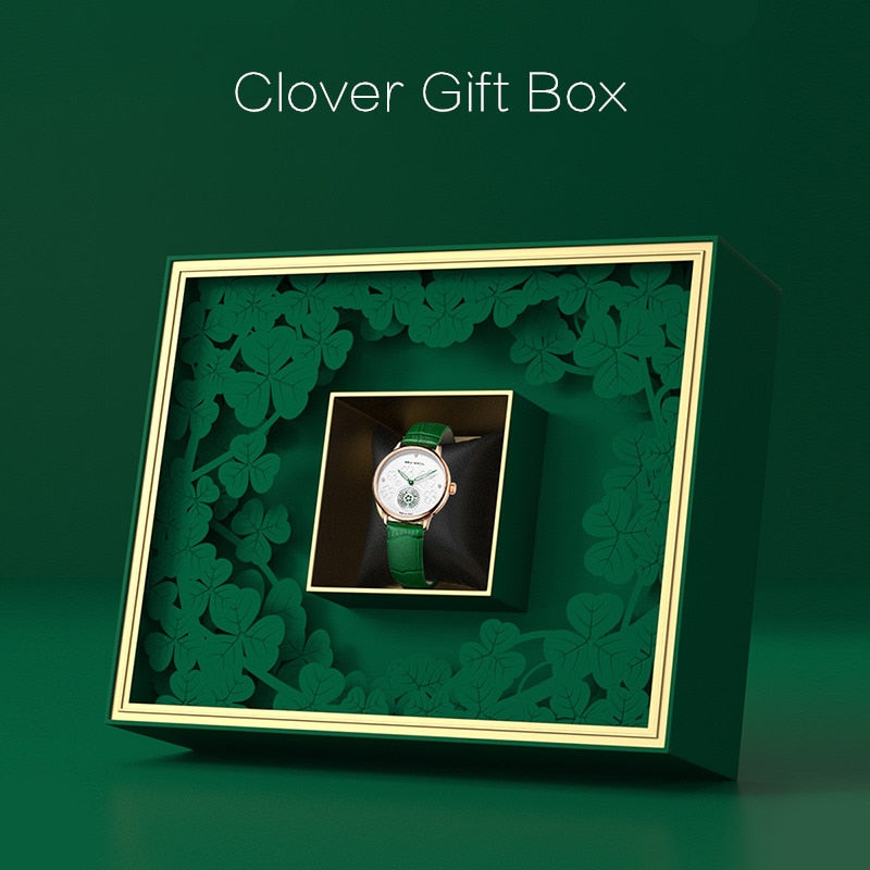 Zifferblatt mit vierblättrigem Kleeblatt | Minimalistisch | Glücksbringer-Geschenkbox-Edition | 34 mm
